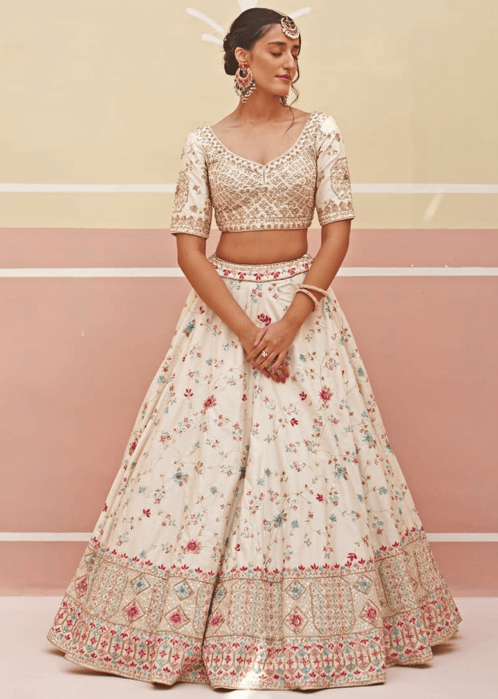 Ivory Silk Floral Motifs Bridal Lehenga Angad Singh - Fabilicious Fashion