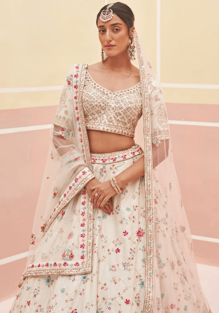 Ivory Silk Floral Motifs Bridal Lehenga Angad Singh - Fabilicious Fashion