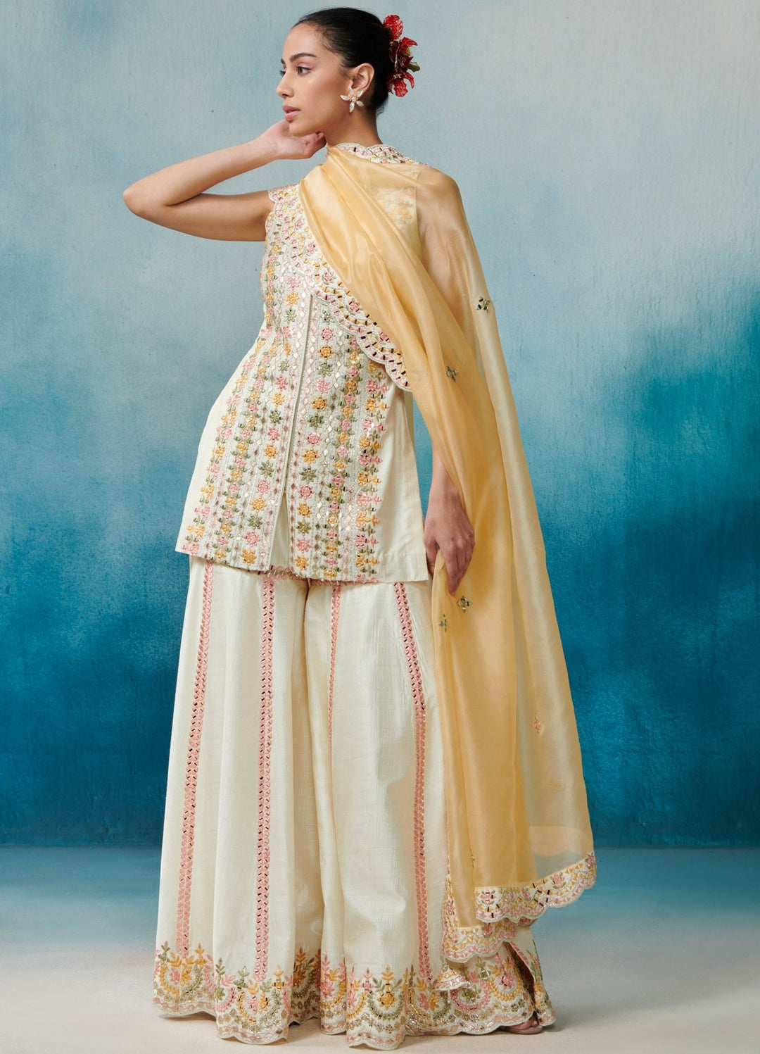 Ivory Silk Front Open Kurta Set With Dupatta Suhino - Fabilicious Fashion