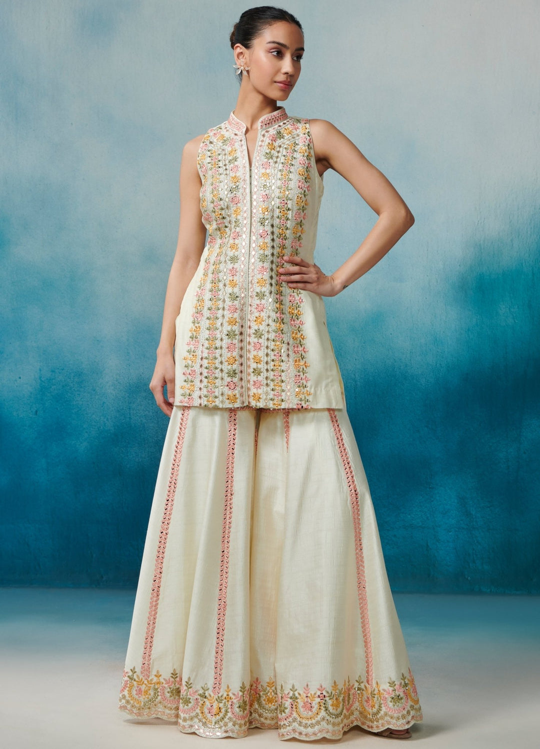 Ivory Silk Front Open Kurta Set With Dupatta Suhino - Fabilicious Fashion