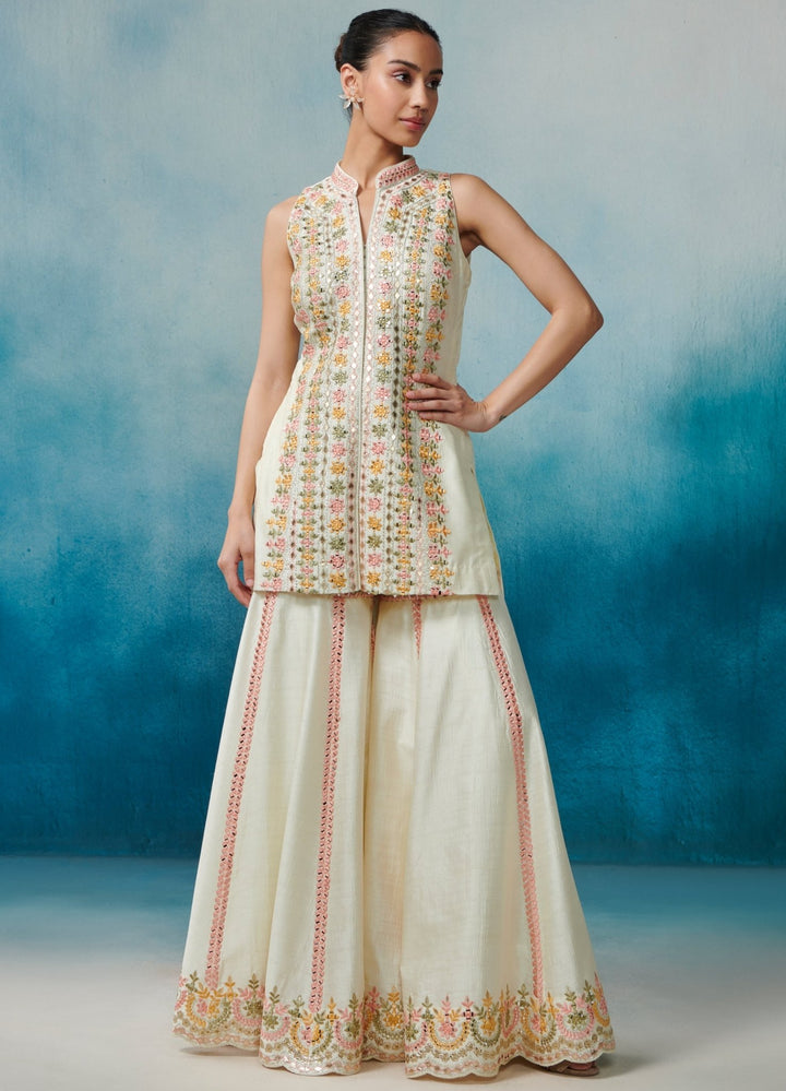 Ivory Silk Front Open Kurta Set With Dupatta Suhino - Fabilicious Fashion