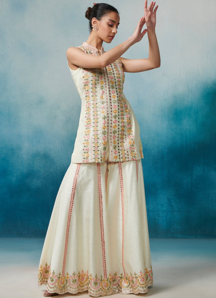 Ivory Silk Front Open Kurta Set With Dupatta Suhino - Fabilicious Fashion