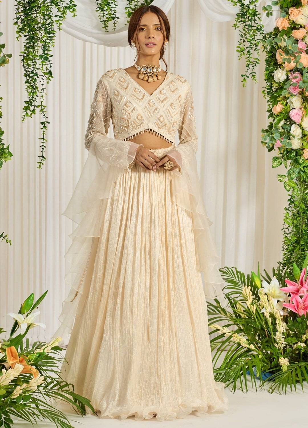 Ivory Silk Lehenga With Embellished Blouse And Ruffled Dupatta Nidhika Shekhar - Fabilicious Fashion