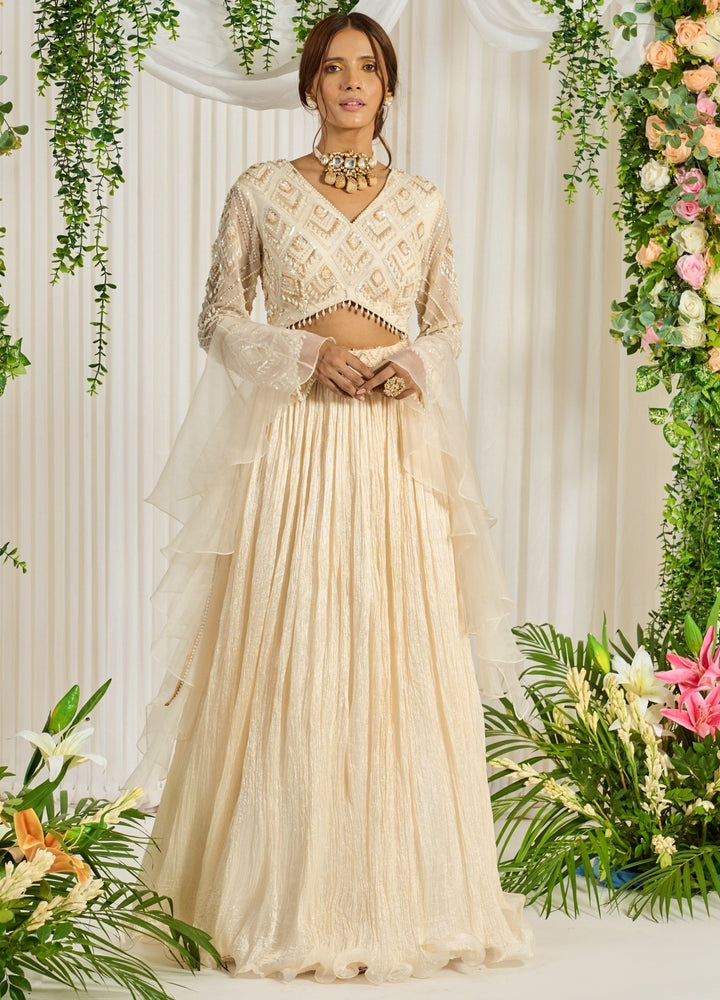 Ivory Silk Lehenga With Embellished Blouse And Ruffled Dupatta Nidhika Shekhar - Fabilicious Fashion