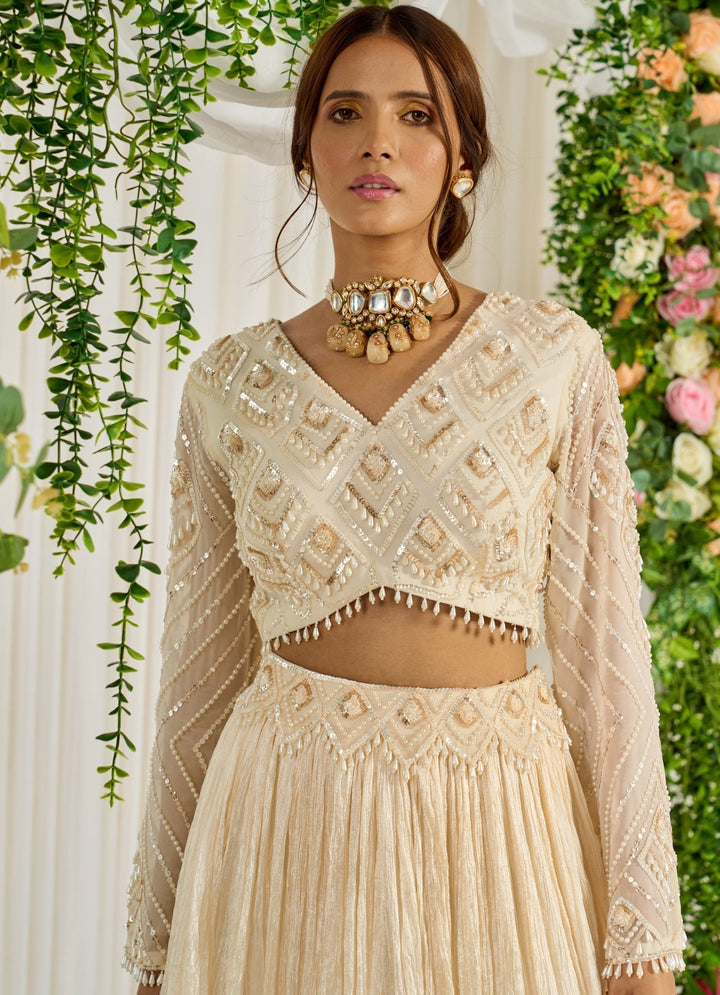 Ivory Silk Lehenga With Embellished Blouse And Ruffled Dupatta Nidhika Shekhar - Fabilicious Fashion