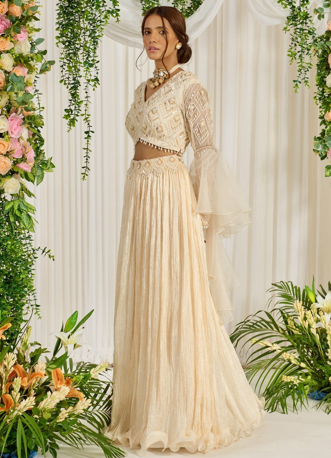 Ivory Silk Lehenga With Embellished Blouse And Ruffled Dupatta Nidhika Shekhar - Fabilicious Fashion