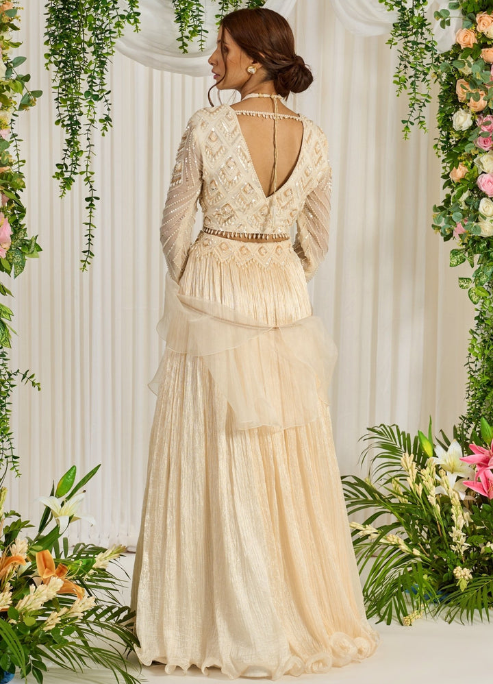 Ivory Silk Lehenga With Embellished Blouse And Ruffled Dupatta Nidhika Shekhar - Fabilicious Fashion