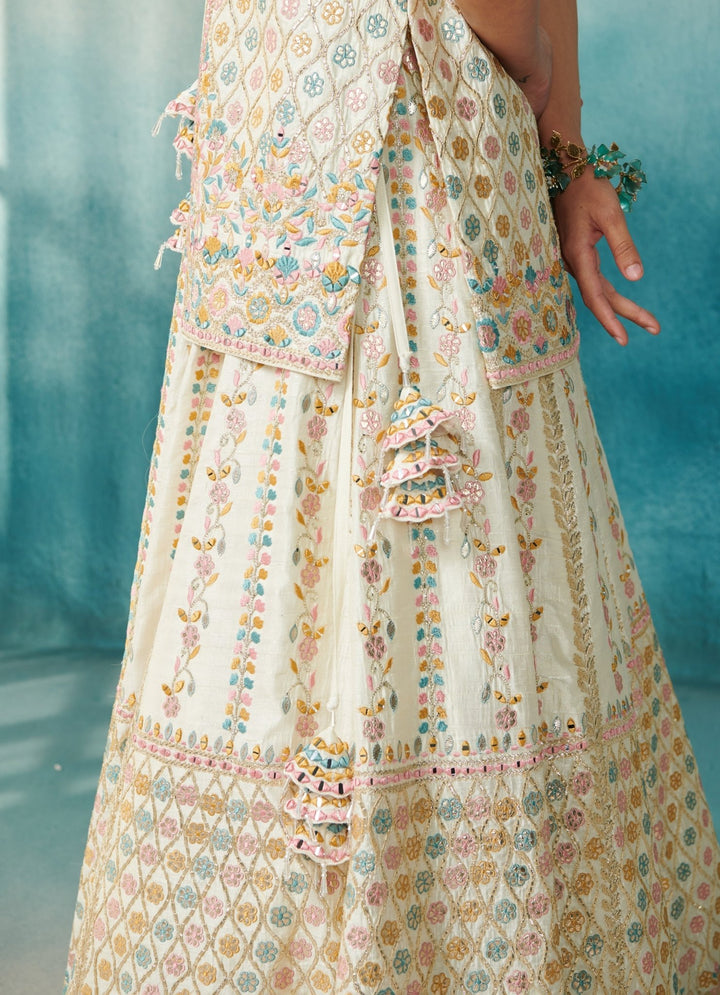 Ivory Silk Lehenga With Front Open Jacket Set And Dupatta Suhino - Fabilicious Fashion