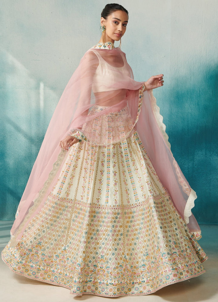 Ivory Silk Lehenga With Front Open Jacket Set And Dupatta Suhino - Fabilicious Fashion