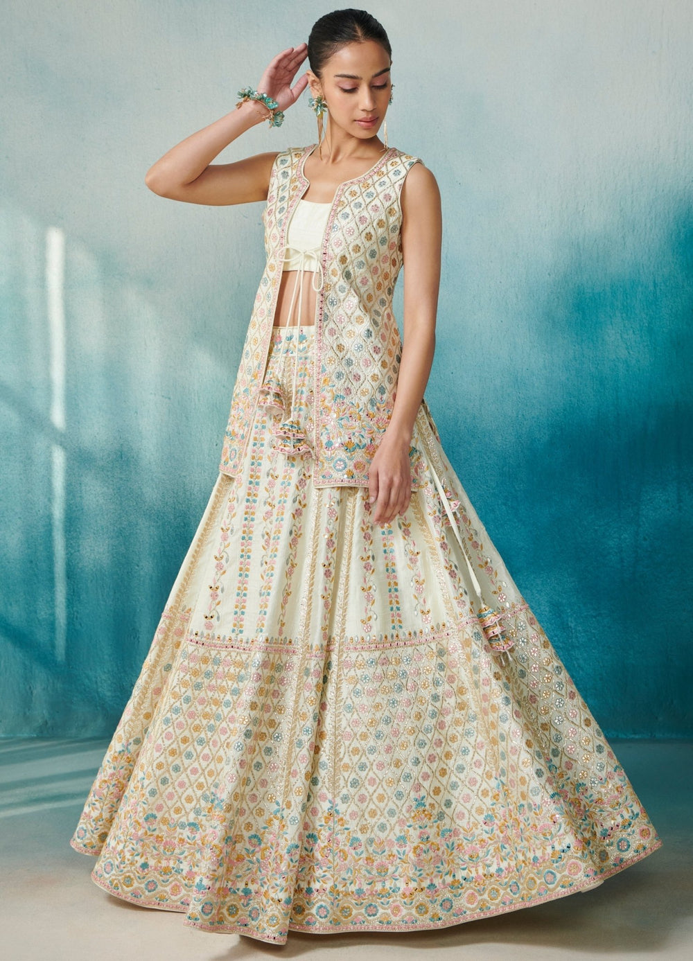 Ivory Silk Lehenga With Front Open Jacket Set And Dupatta Suhino - Fabilicious Fashion