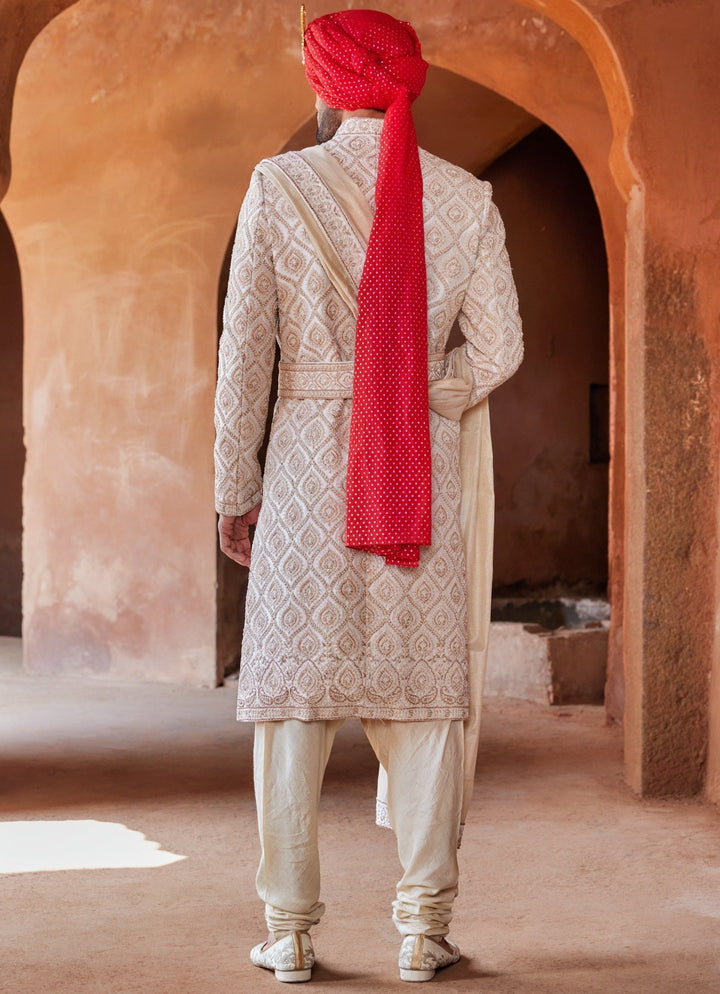 Ivory Silk Sherwani Set With Churidar Pant Nitika Gujral - Men - Fabilicious Fashion