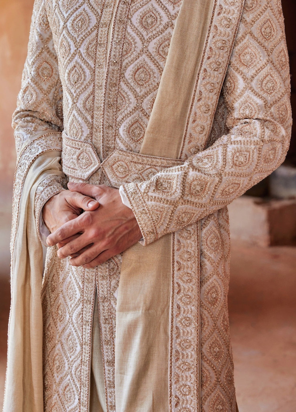 Ivory Silk Sherwani Set With Churidar Pant Nitika Gujral - Men - Fabilicious Fashion