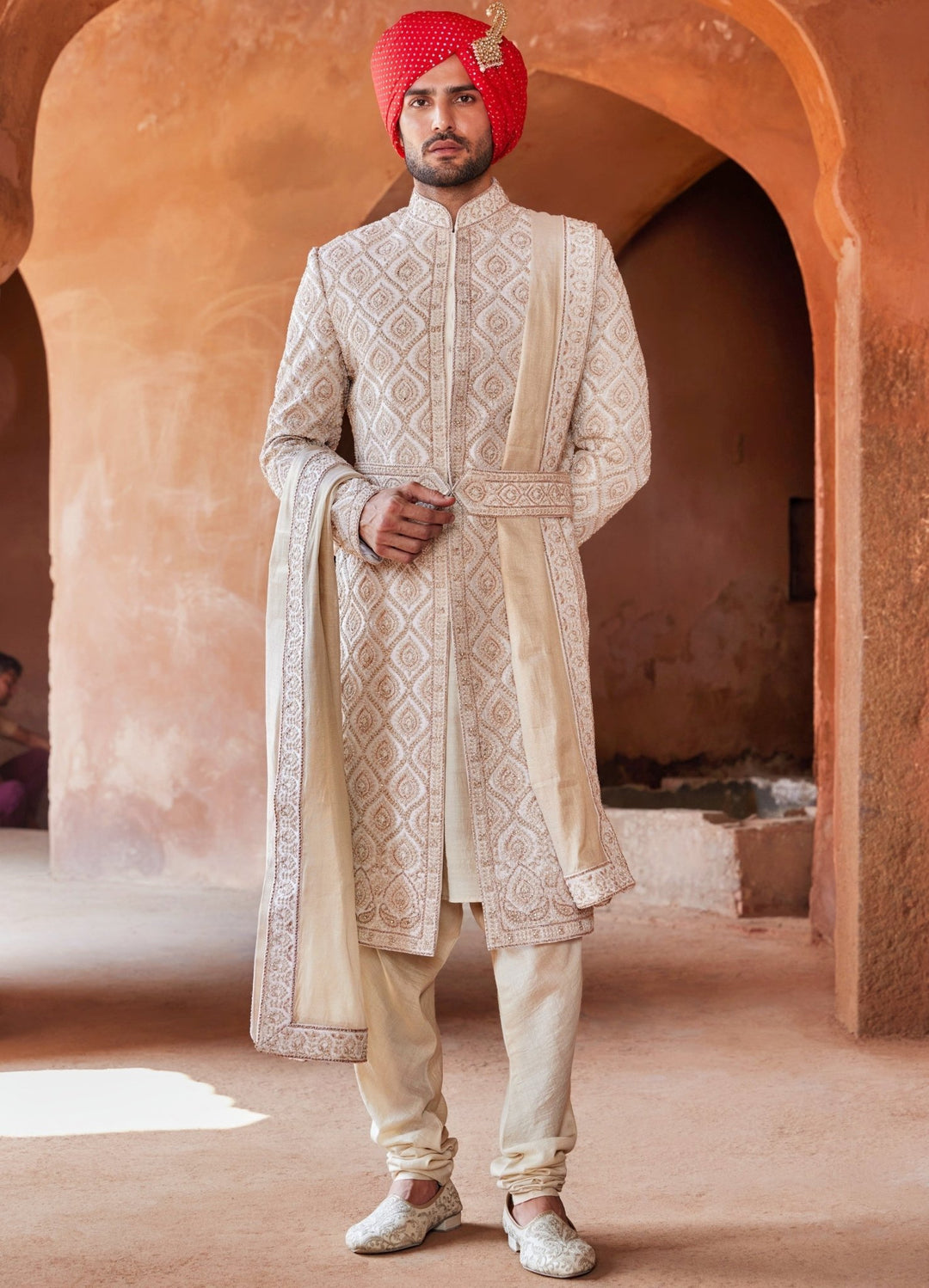 Ivory Silk Sherwani Set With Churidar Pant Nitika Gujral - Men - Fabilicious Fashion