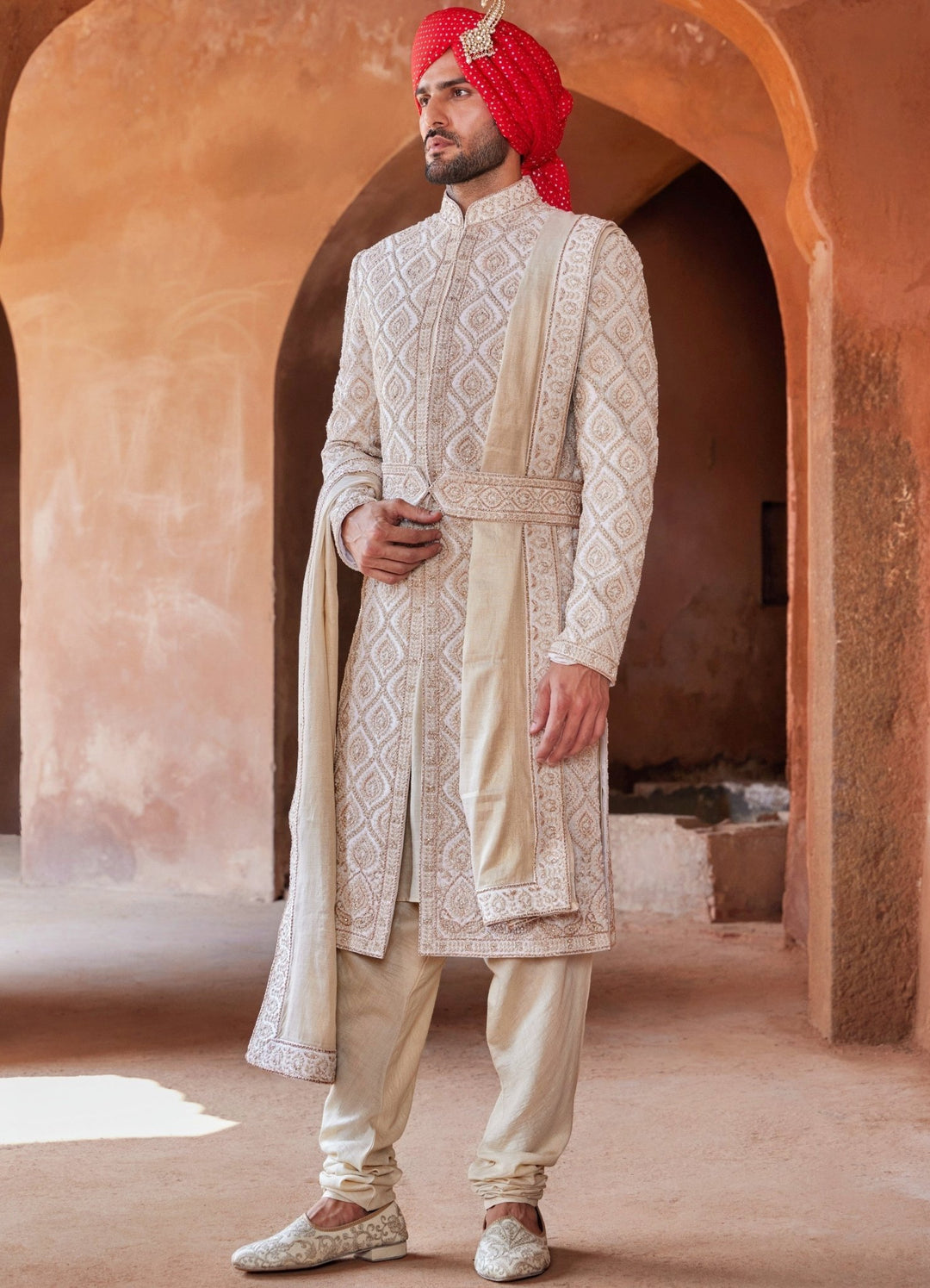 Ivory Silk Sherwani Set With Churidar Pant Nitika Gujral - Men - Fabilicious Fashion