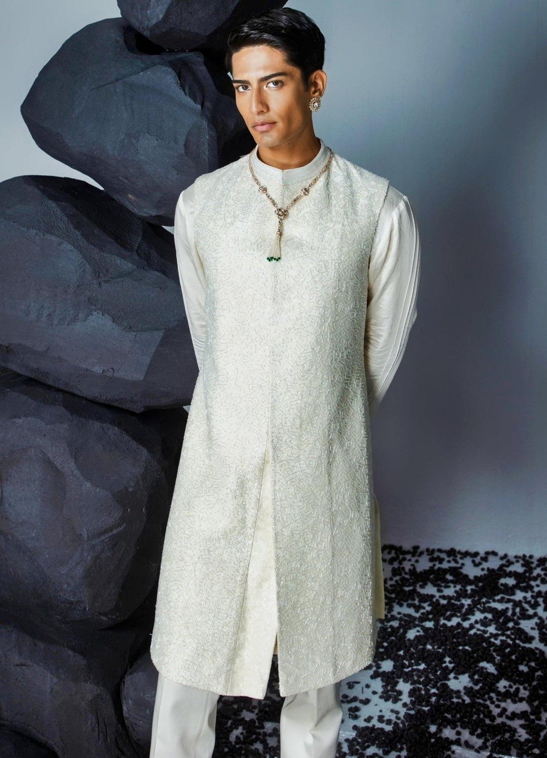 Ivory Sleeveless Sherwani Set With Silk Kurta Contrast By Parth - Fabilicious Fashion