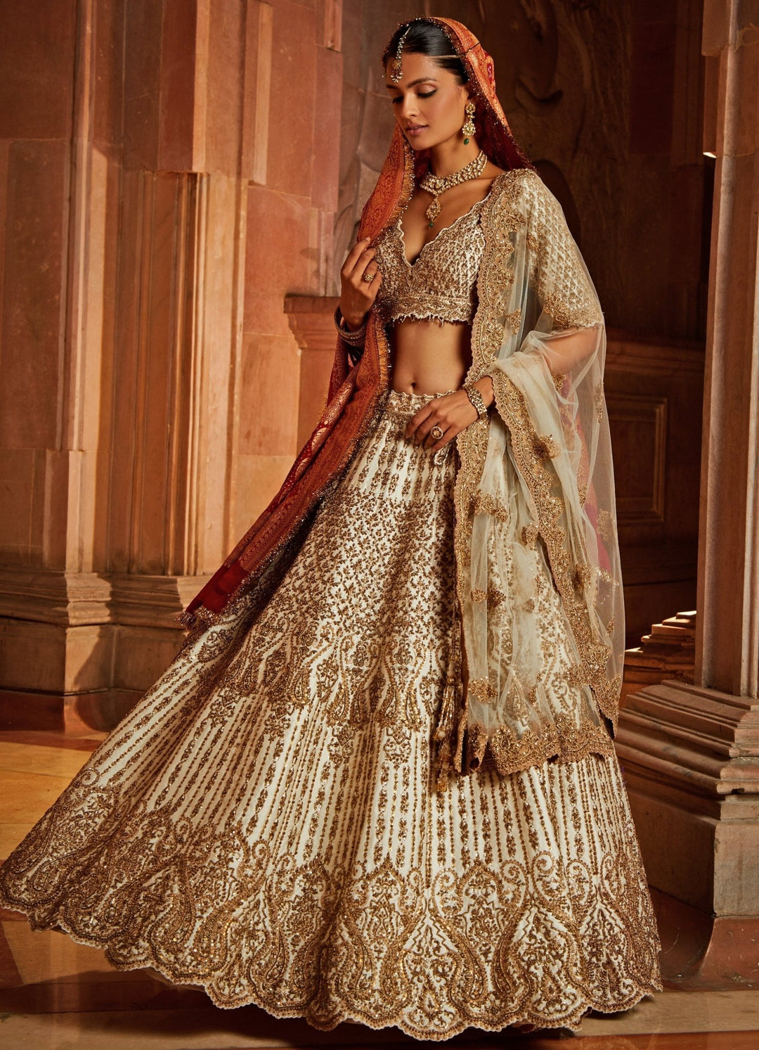 Ivory Taffeta Lehenga Set With A Tulle and Bandhej Dupatta Nitika Gujral - Fabilicious Fashion