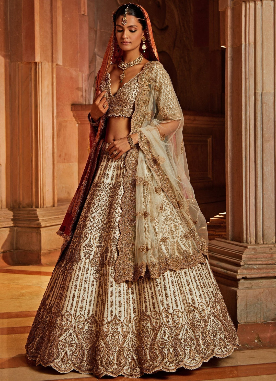 Ivory Taffeta Lehenga Set With A Tulle and Bandhej Dupatta Nitika Gujral - Fabilicious Fashion