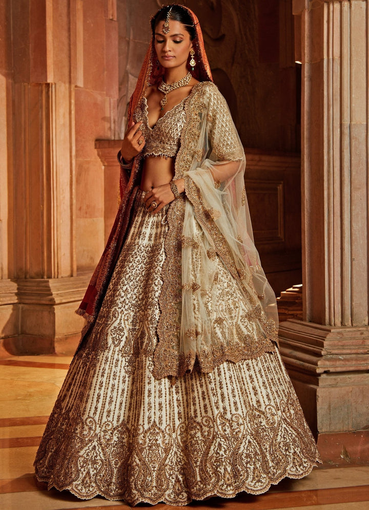 Ivory Taffeta Lehenga Set With A Tulle and Bandhej Dupatta Nitika Gujral - Fabilicious Fashion