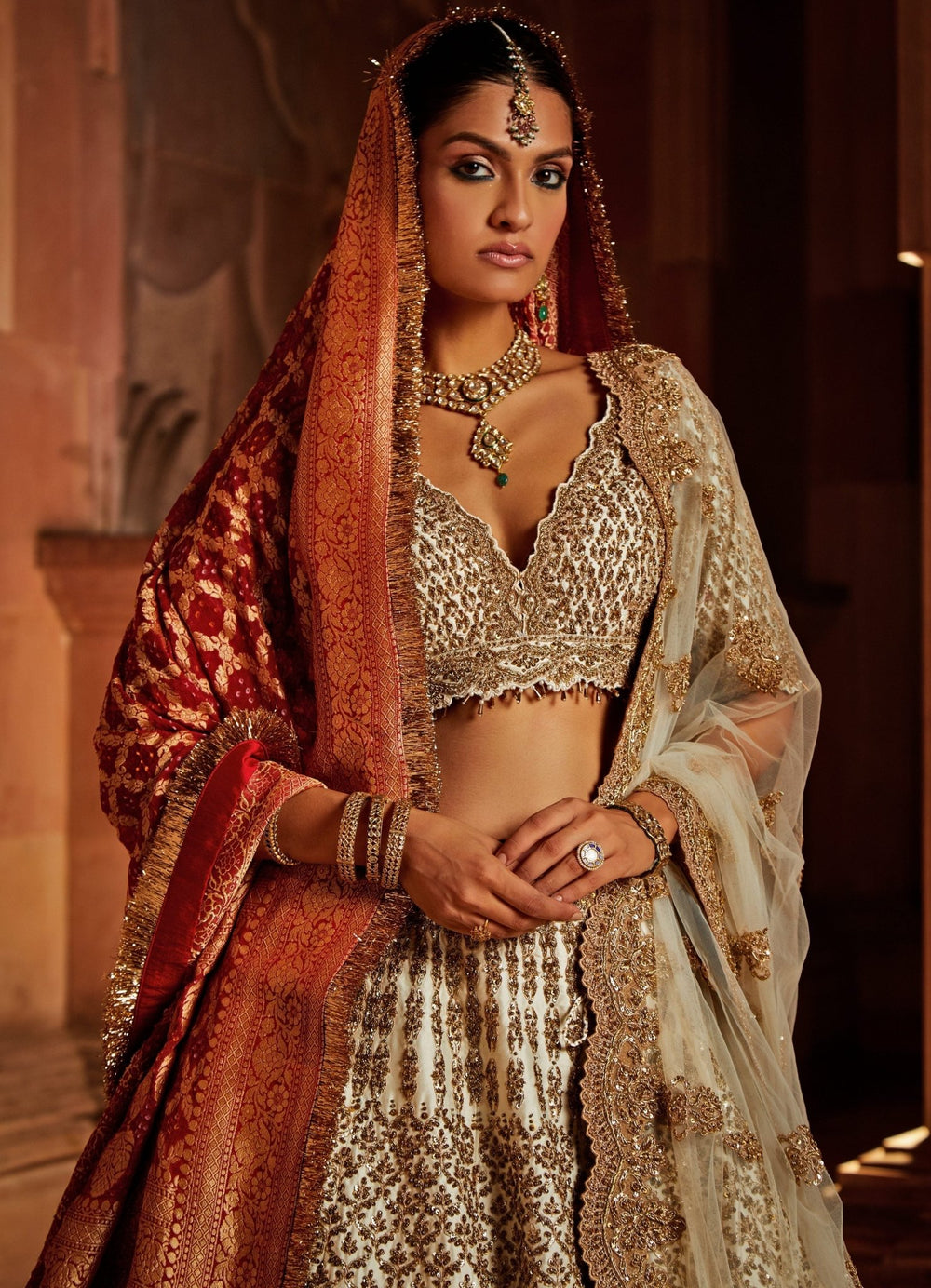 Ivory Taffeta Lehenga Set With A Tulle and Bandhej Dupatta Nitika Gujral - Fabilicious Fashion