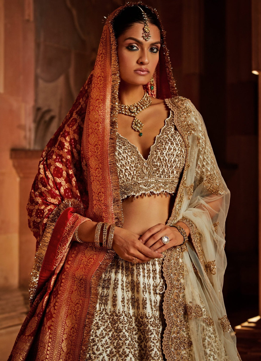 Ivory Taffeta Lehenga Set With A Tulle and Bandhej Dupatta Nitika Gujral - Fabilicious Fashion