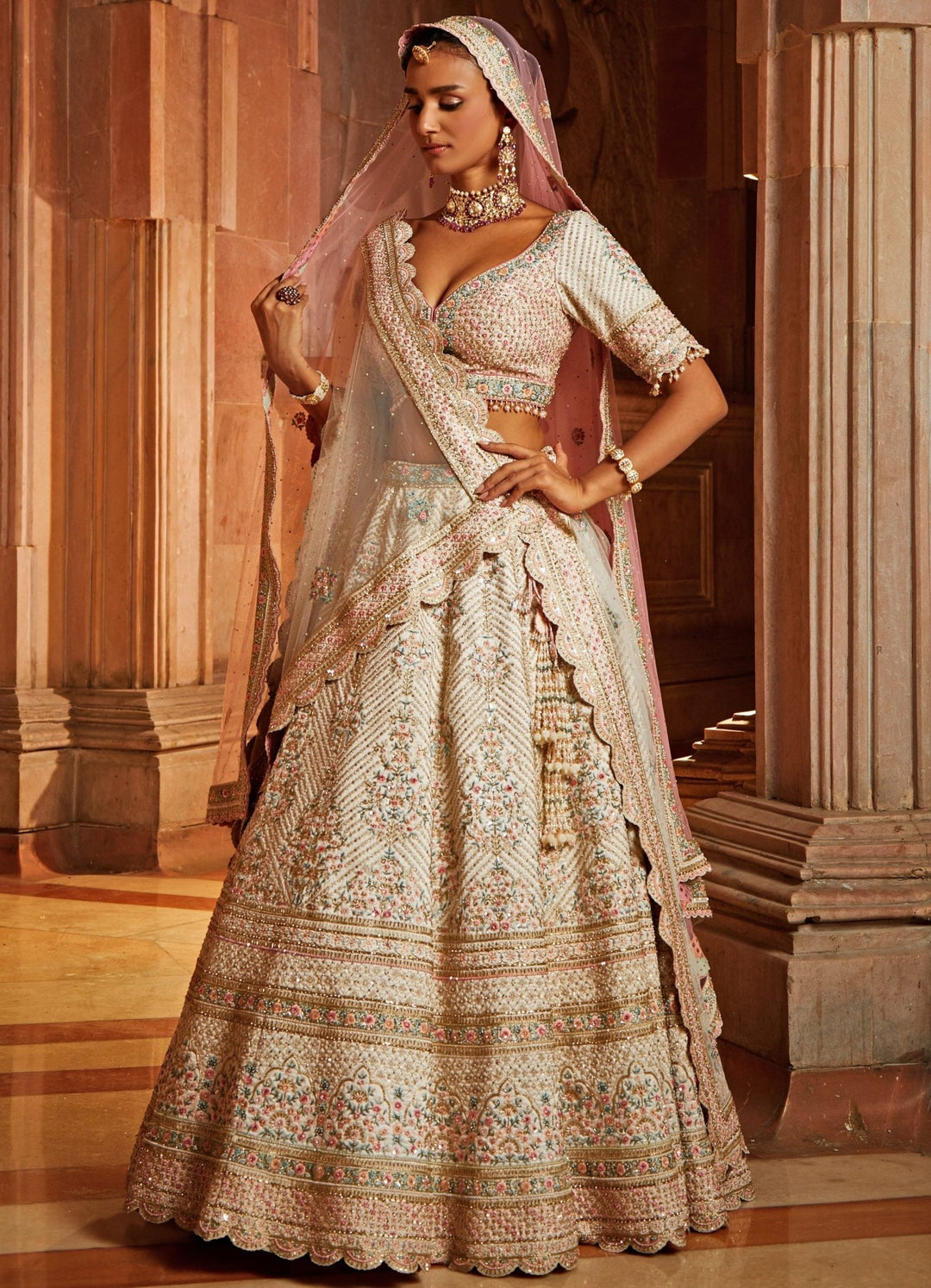 Ivory Taffeta Lehenga Summer Hued Lehenga Set With Double Dupatta Nitika Gujral - Fabilicious Fashion