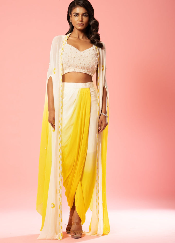 Ivory Yellow Ombre Dhoti Set QAT By Agni - Fabilicious Fashion