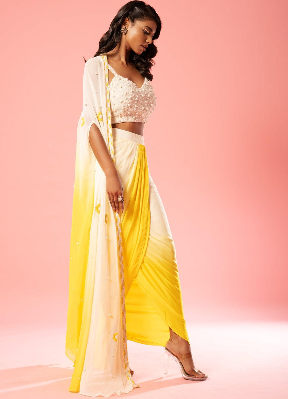 Ivory Yellow Ombre Dhoti Set QAT By Agni - Fabilicious Fashion