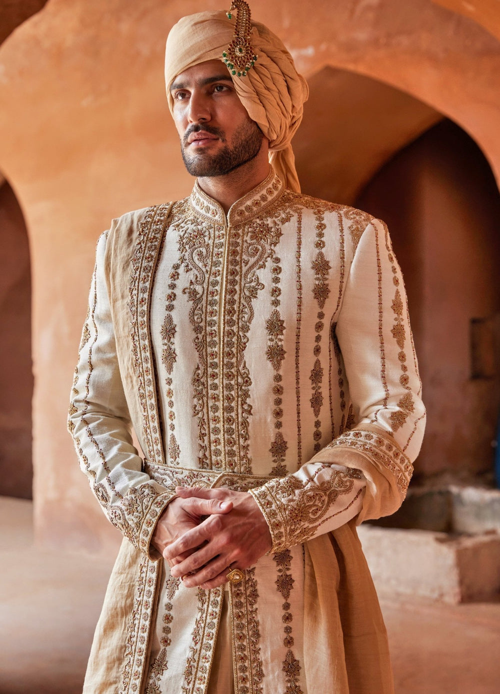 Ivory Zardosi Embellished Silk Sherwani With Kalidar Kurta Set Nitika Gujral - Men - Fabilicious Fashion