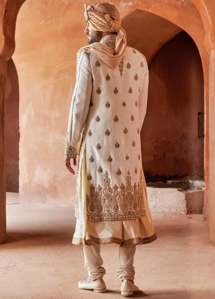 Ivory Zardosi Embellished Silk Sherwani With Kalidar Kurta Set Nitika Gujral - Men - Fabilicious Fashion