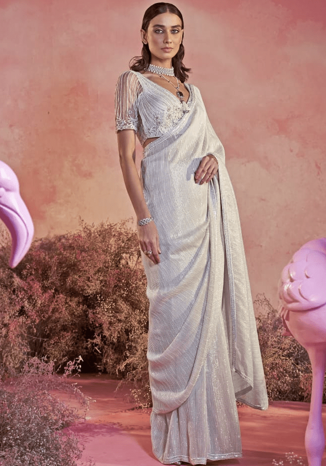 Ivory Zari Pre Draped Saree Parul Gandhi - Fabilicious Fashion