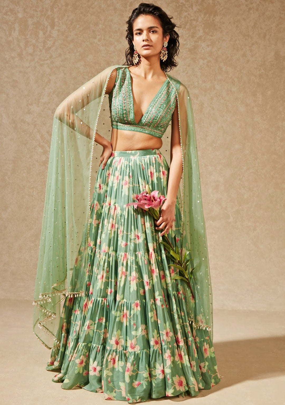 Izumi Green Tiered Lehenga Chamee n Palak - Fabilicious Fashion