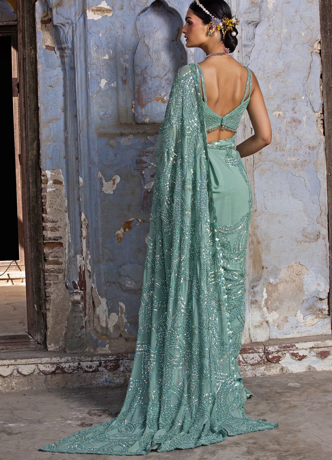 Jade Green Georgette Embellished Saree Set Nitika Gujral - Fabilicious Fashion