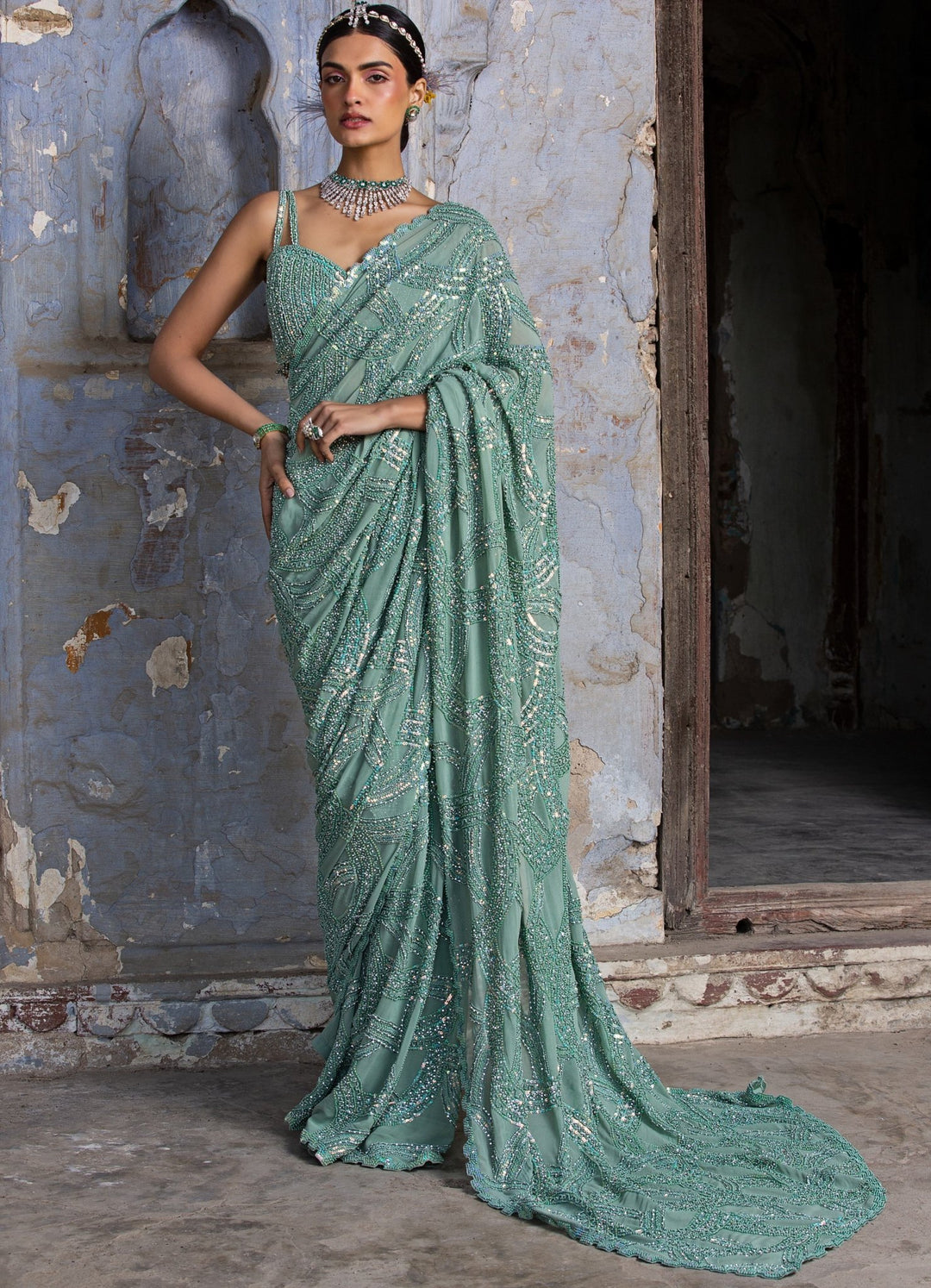 Jade Green Georgette Embellished Saree Set Nitika Gujral - Fabilicious Fashion