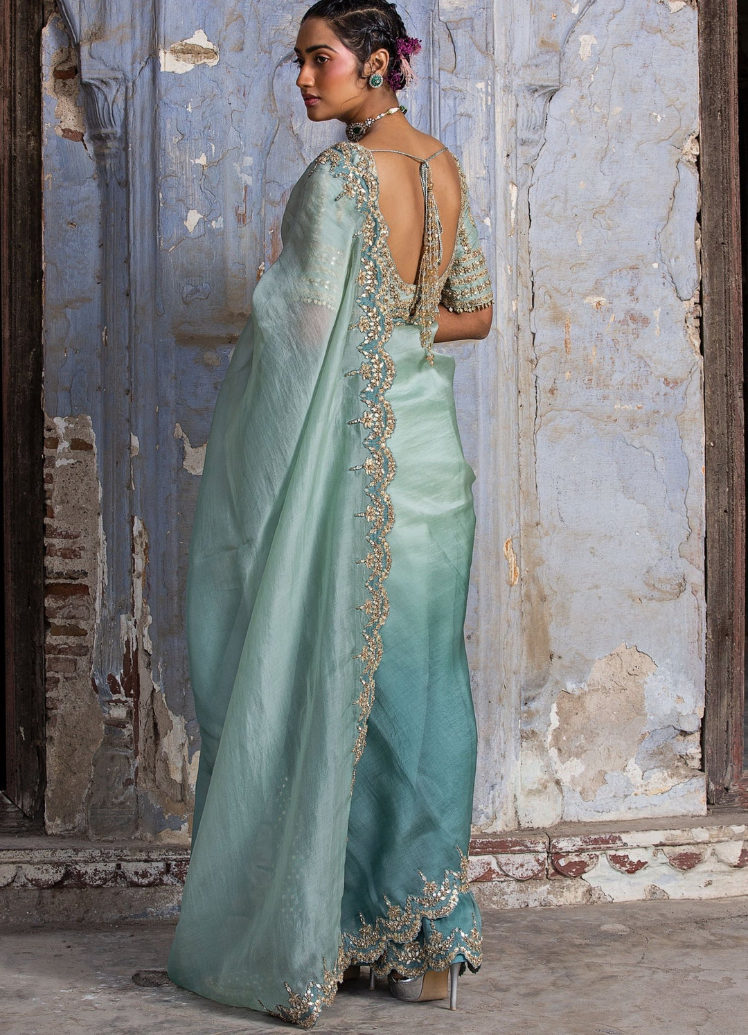 Jade Green Ombre Organza Saree Set Nitika Gujral - Fabilicious Fashion