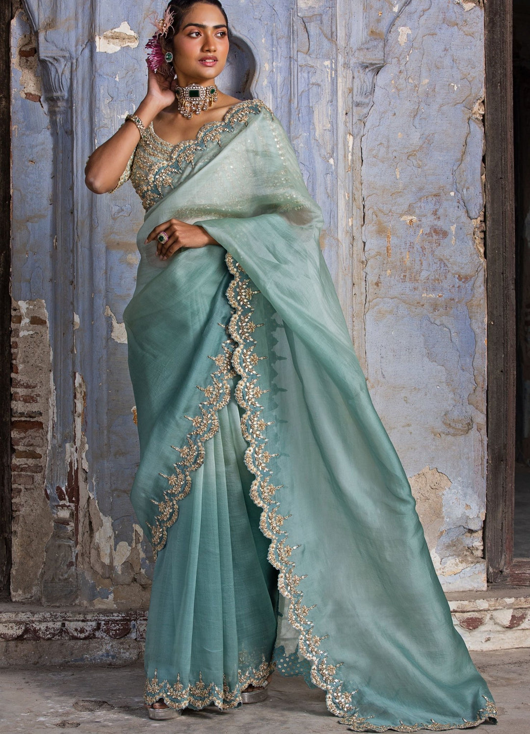 Jade Green Ombre Organza Saree Set Nitika Gujral - Fabilicious Fashion