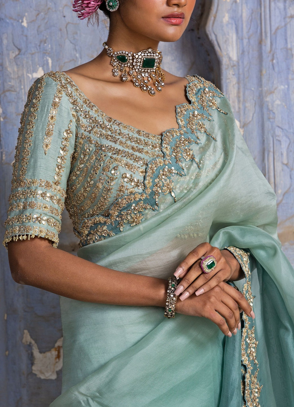 Jade Green Ombre Organza Saree Set Nitika Gujral - Fabilicious Fashion