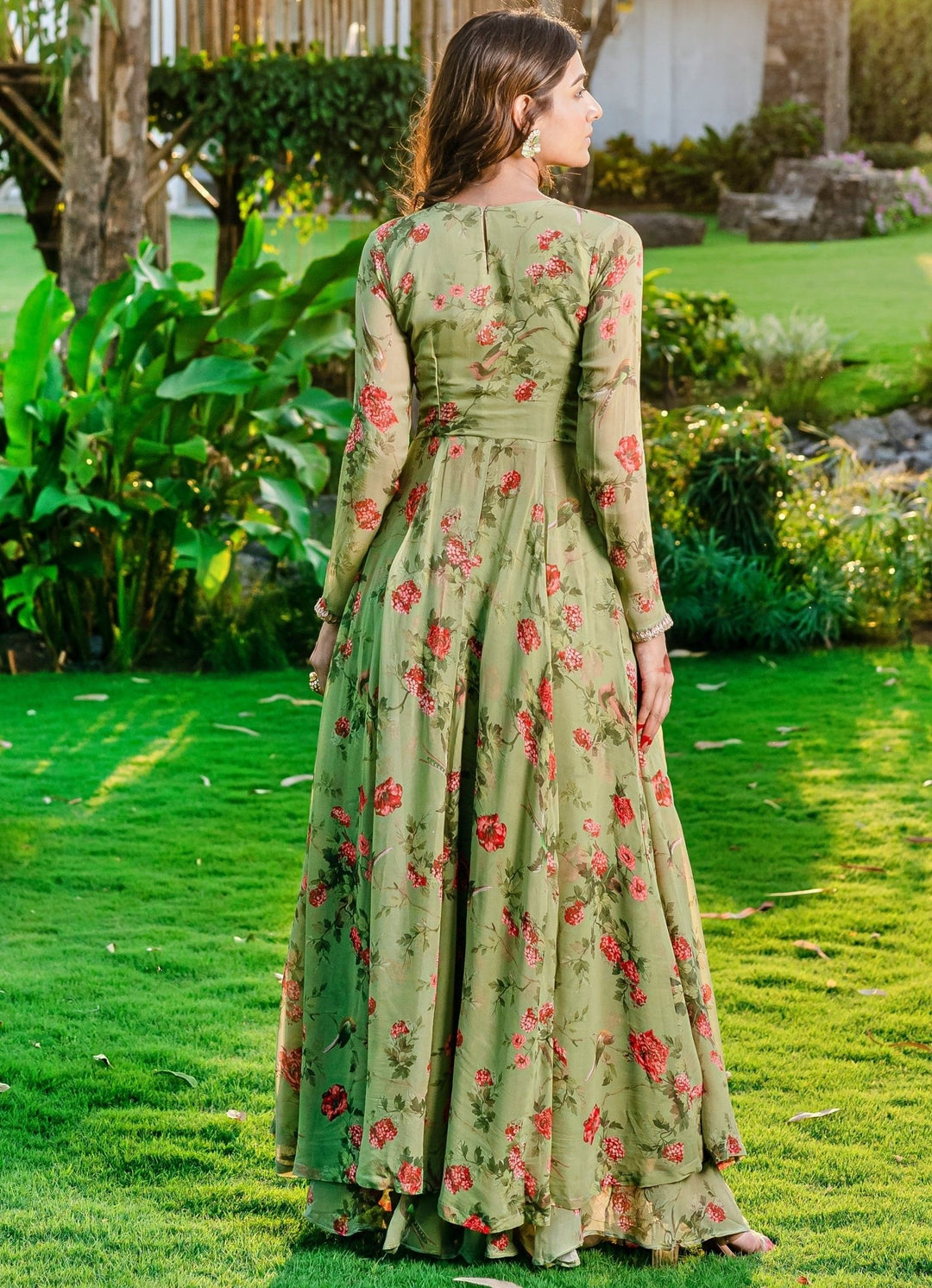 Jade Green Printed Georgette Anarkali Suit Set Redpine - Fabilicious Fashion