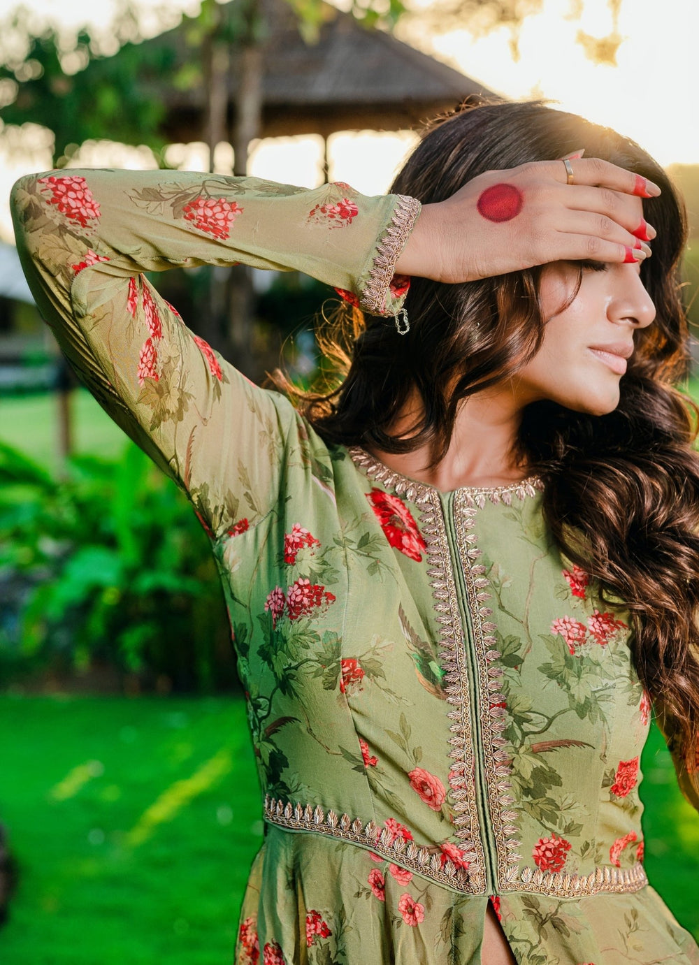 Jade Green Printed Georgette Anarkali Suit Set Redpine - Fabilicious Fashion