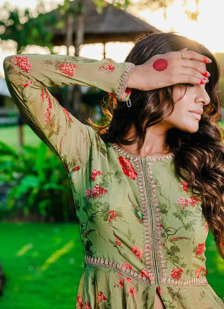 Jade Green Printed Georgette Anarkali Suit Set Redpine - Fabilicious Fashion