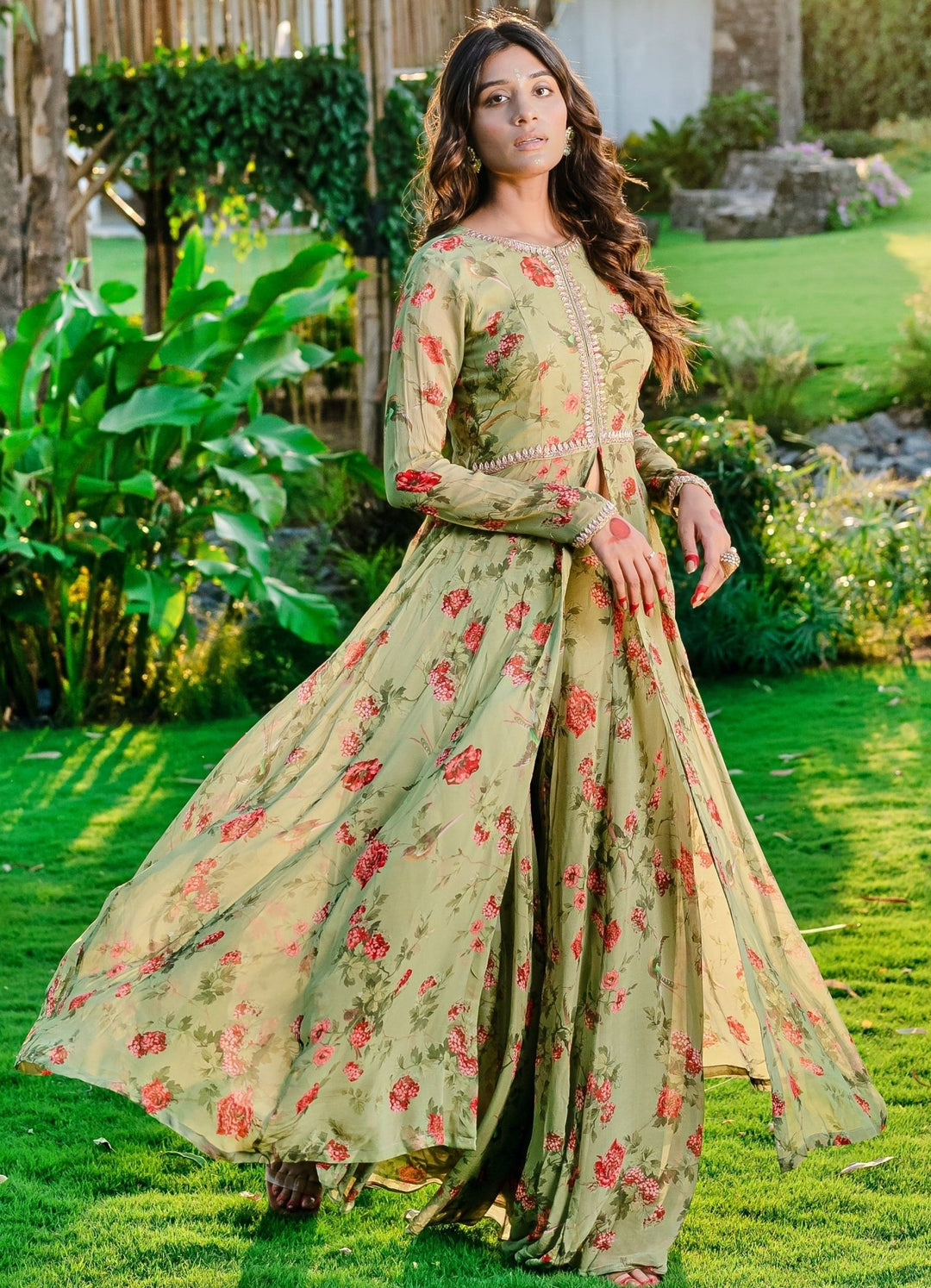 Jade Green Printed Georgette Anarkali Suit Set Redpine - Fabilicious Fashion