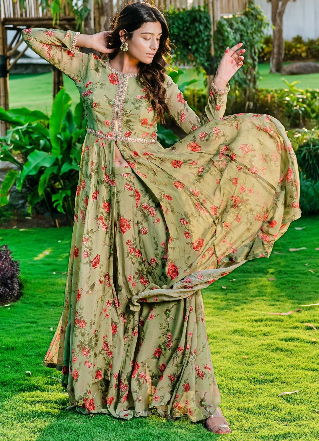 Jade Green Printed Georgette Anarkali Suit Set Redpine - Fabilicious Fashion
