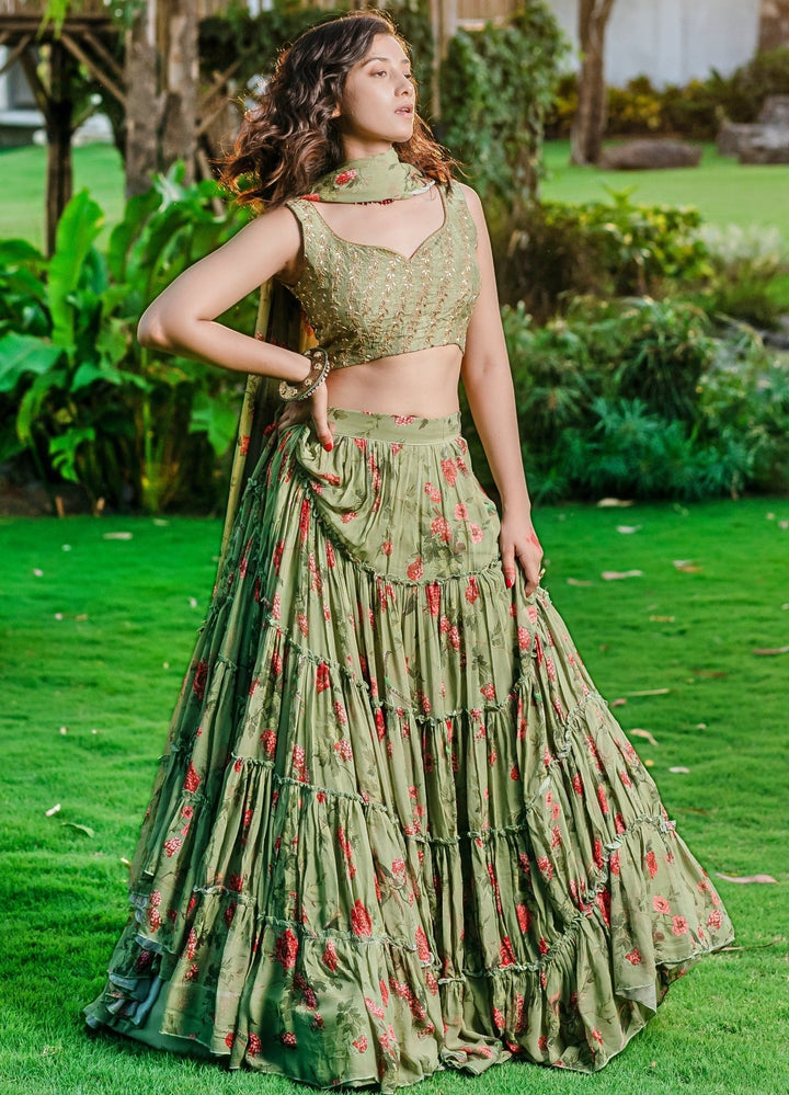 Jade Green Printed Ruffled Lehenga Set With Embellished Raw Silk Blouse Redpine - Fabilicious Fashion