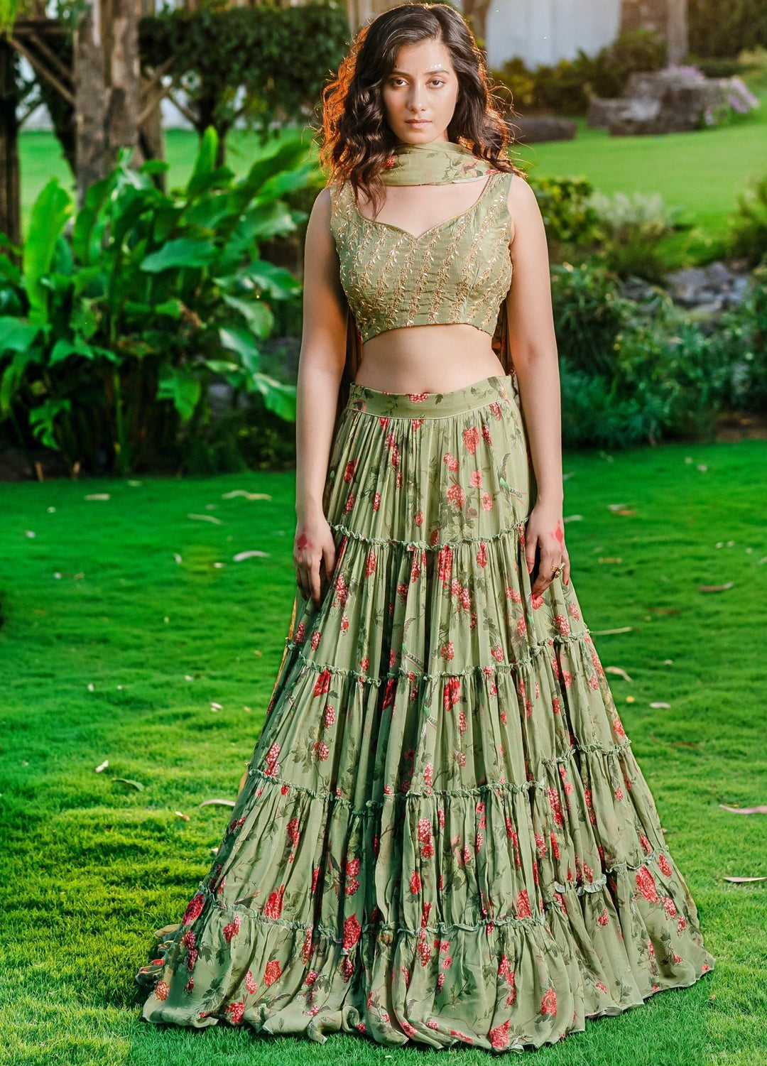 Jade Green Printed Ruffled Lehenga Set With Embellished Raw Silk Blouse Redpine - Fabilicious Fashion