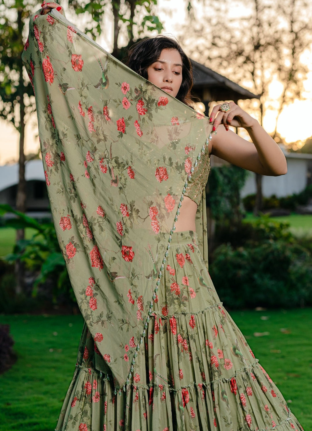 Jade Green Printed Ruffled Lehenga Set With Embellished Raw Silk Blouse Redpine - Fabilicious Fashion