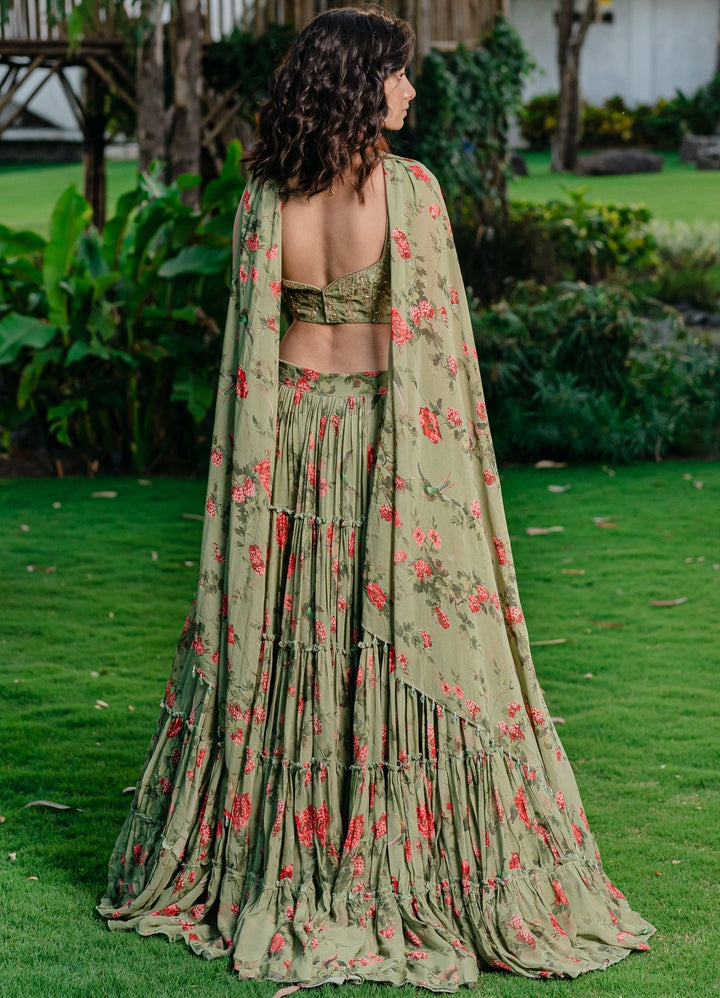 Jade Green Printed Ruffled Lehenga Set With Embellished Raw Silk Blouse Redpine - Fabilicious Fashion