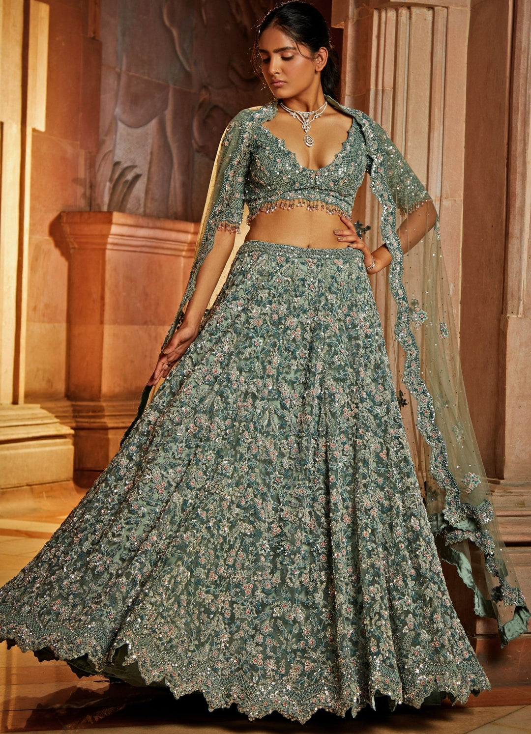 Jade Green Tulle Embroidered Lehenga Set Nitika Gujral - Fabilicious Fashion