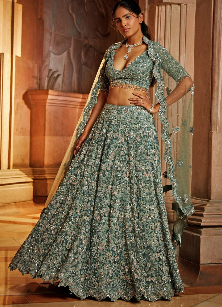 Jade Green Tulle Embroidered Lehenga Set Nitika Gujral - Fabilicious Fashion