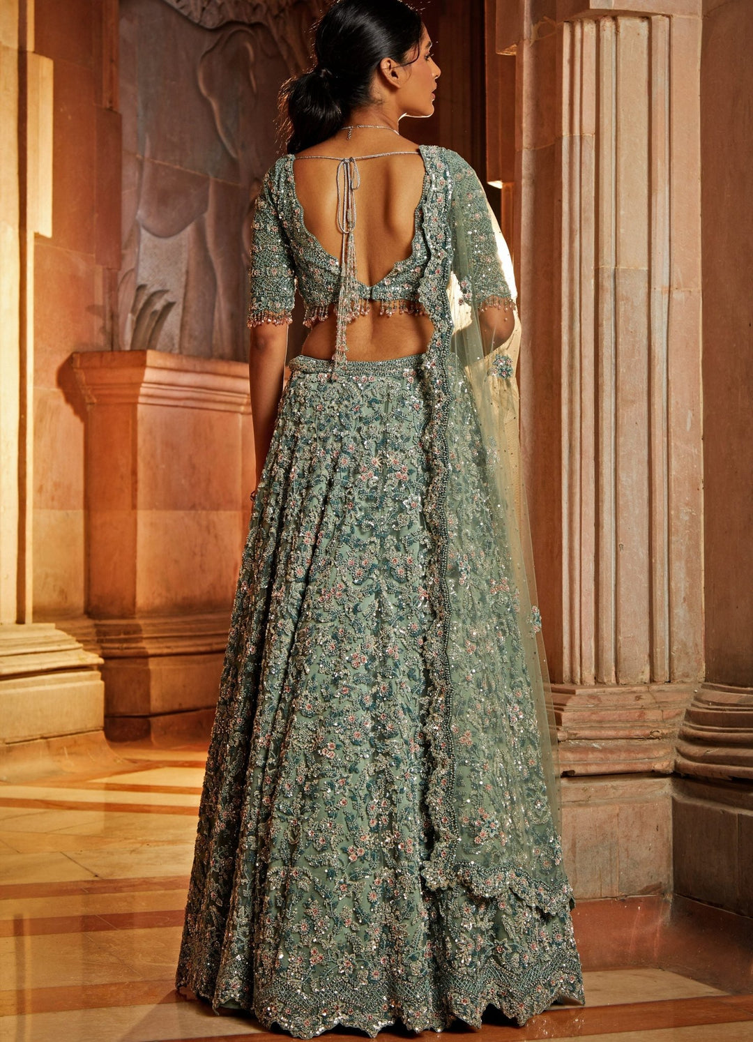 Jade Green Tulle Embroidered Lehenga Set Nitika Gujral - Fabilicious Fashion