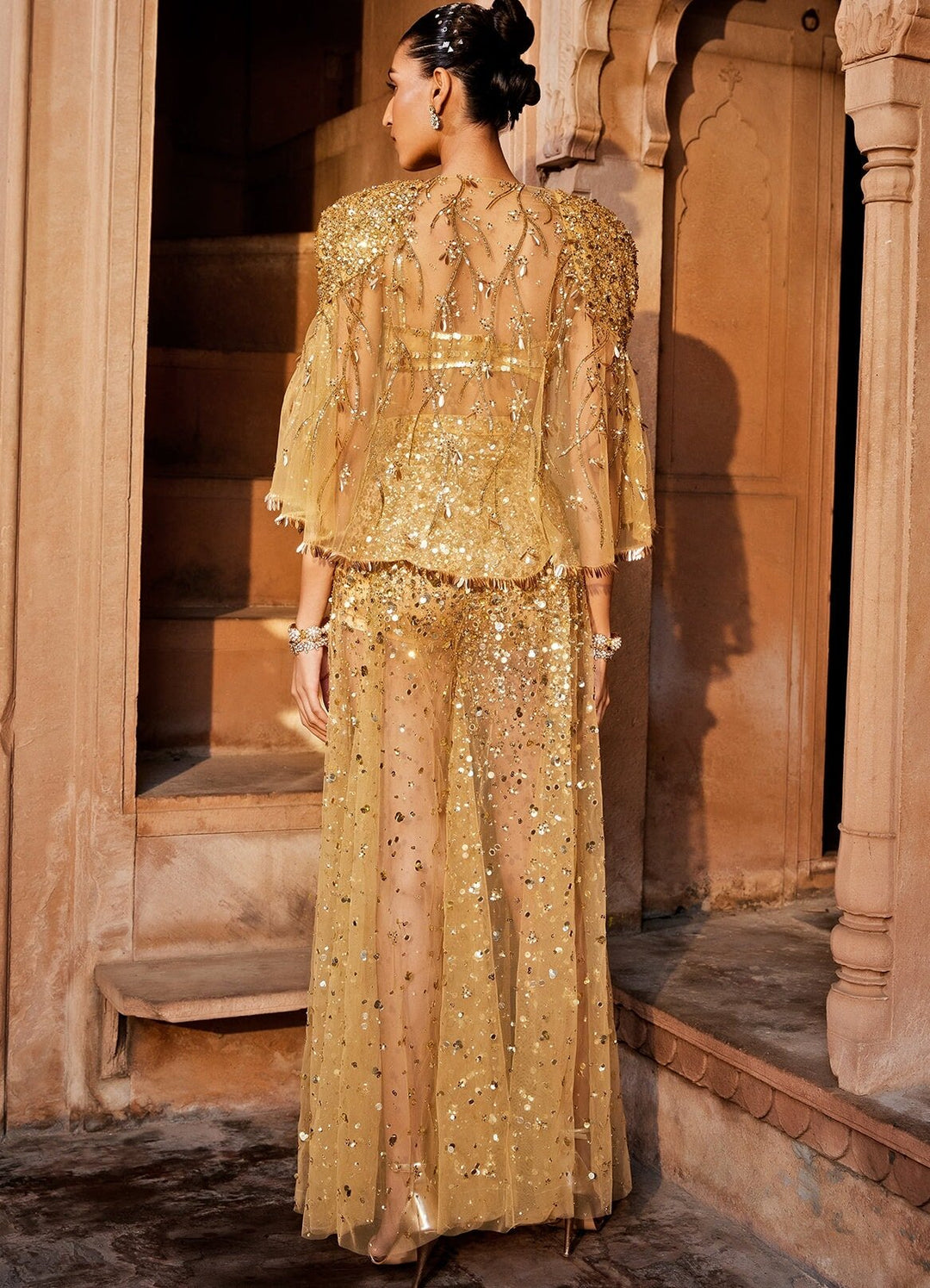 Janeman Gold Embellished Net Jacket & Pant Set Prevasu - Fabilicious Fashion