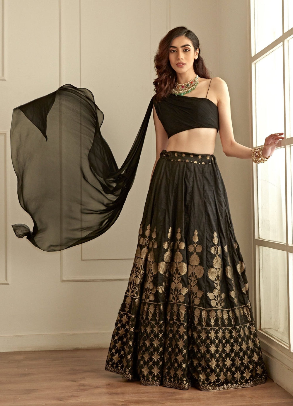 Jet Black and Gold Banarasi One Shoulder Lehenga Set Studio Iris - Fabilicious Fashion
